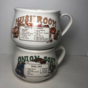 SET OF 2 Vintage 1970s Retro Recipe Soup Bowls Mushroom Onion Handled Mugs Cups